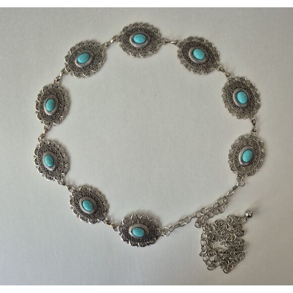 Accessories - Western Aztec Boho Silver Tone Concho Turquoise Waist Chain Belt Womens 51 IN